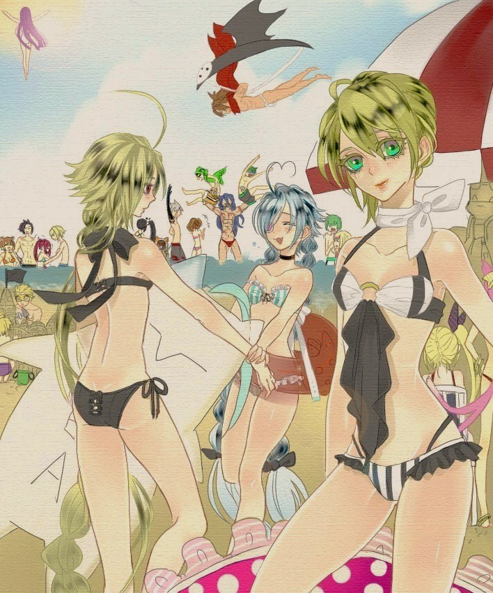 6+boys 6+girls ahoge animal_ears animal_hood arakune arc_system_works artist_request ass azrael_(blazblue) beach black_hair blazblue blonde_hair blue_hair bow bracelet braid breasts brown_hair cameo carl_clover carrying cat_hood cat_tail celica_a._mercury chair choker eyepatch flag floating flying from_behind fundoshi green_eyes green_hair hades_izanami hair_over_eyes hair_ribbon hakumen hang_gliding hazama hood innertube japanese_clothes jewelry kagura_mutsuki kazuma_kuvaru kisaragi_jin kokonoe_(blazblue) lambda-11 litchi_faye_ling long_hair makoto_nanaya mask mikado_(blazblue) multiple_boys multiple_girls multiple_persona multiple_tails noel_vermillion nu-13 ocean open_mouth ponytail purple_hair rachel_alucard ragna_the_bloodedge red_eyes red_hair relius_clover ribbon sand sand_castle sand_sculpture shishigami_bang short_hair side_ponytail sky smile sun swim_ring swimsuit tail taokaka trinity_glassfield tsubaki_yayoi twin_braids very_long_hair white_hair yuuki_terumi