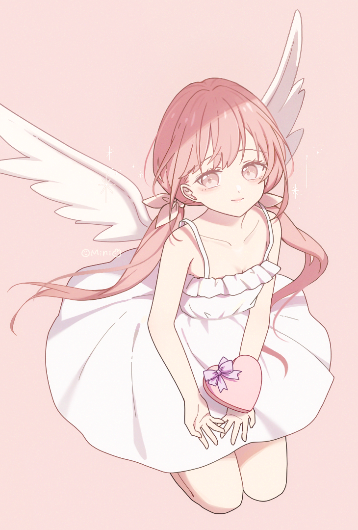 1girl bare_arms bare_shoulders box brown_background brown_eyes brown_hair closed_mouth collarbone danby_merong dress feathered_wings frilled_dress frills full_body hair_ribbon heart-shaped_box long_hair looking_at_viewer low_twintails original ribbon simple_background sleeveless sleeveless_dress smile solo twintails very_long_hair white_dress white_ribbon white_wings wings
