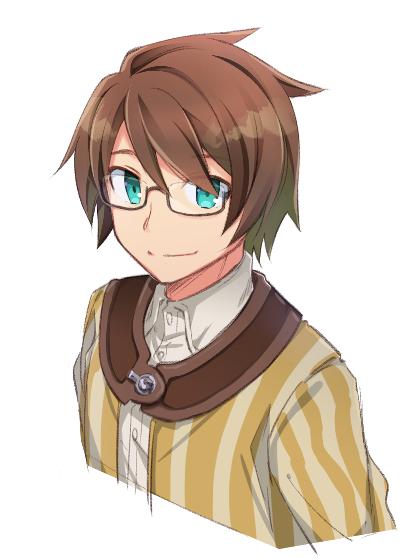 7th_dragon 7th_dragon_(series) brown_hair closed_mouth cropped_torso glasses green_eyes hair_between_eyes healer_(7th_dragon) kevin_(7th_dragon) semi-rimless_eyewear simple_background smile under-rim_eyewear user_ufyj7522 white_background