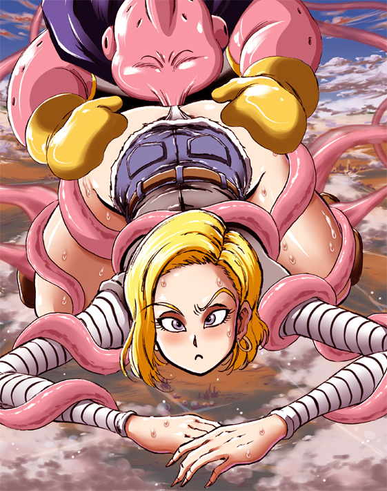 all_fours android_18 ass bent_over blonde_hair blue_eyes blush cloud cunnilingus dragon_ball dragonball_z fat fat_man gloves hip_focus legs looking_at_viewer majin_buu oral panties short_hair sweat sweatdrop takimoto_dojo tentacles thighs underwear