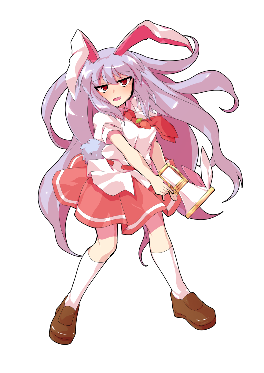 1girl animal_ears brown_shoes carrot_pin collared_shirt commentary_request commission dairi full_body half-closed_eyes highres holding holding_megaphone kneehighs large_variant_set loafers long_hair megaphone necktie open_mouth pink_hair rabbit_ears rabbit_tail raised_inner_eyebrows red_eyes red_necktie red_skirt reisen_udongein_inaba shirt shoes short_sleeves simple_background skeb_commission skirt socks solo standing tachi-e tail touhou transparent_background unamused variant_set very_long_hair white_shirt white_socks