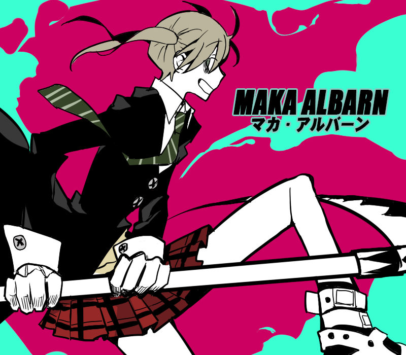 1girl aqua_background aumq black_coat coat commentary crazy_grin from_side green_eyes green_necktie holding holding_scythe looking_at_viewer maka_albarn medium_hair necktie pink_background plaid_clothes plaid_skirt scythe skirt soul_eater striped_necktie two-tone_background wrist_cuffs