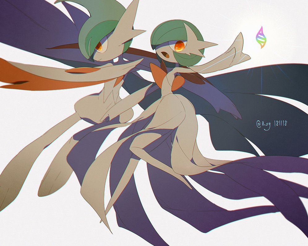 1boy 1girl dress full_body gallade gardevoir gen_3_pokemon gen_4_pokemon green_eyes looking_at_viewer mega_evolution_symbol nintendo no_feet open_mouth pokemon pokemon_(creature) red_eyes sg_(suuchan) short_hair simple_background smile sword weapon