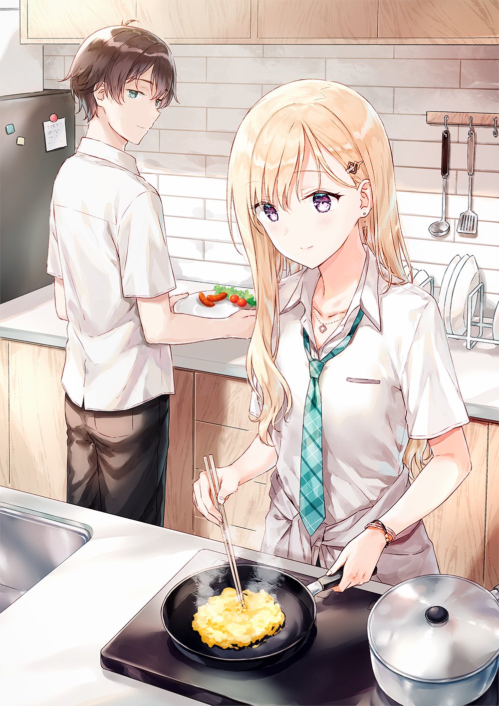 1boy 1girl aqua_eyes aqua_necktie asamura_yuuta ayase_saki black_hair black_pants blonde_hair bracelet brother_and_sister brother_and_step-sister chopsticks closed_mouth clothes_around_waist collarbone collared_shirt commentary_request cooking earrings frying_pan gimai_seikatsu hair_ornament highres hiten_(hitenkei) holding holding_chopsticks holding_frying_pan holding_plate indoors jacket jacket_around_waist jewelry kitchen ladle light_blush long_hair looking_at_another looking_back necklace necktie novel_illustration official_art pants pendant plaid_clothes plaid_necktie plate purple_eyes school_uniform second-party_source shirt short_hair siblings smile spatula step-brother_and_step-sister step-siblings white_shirt