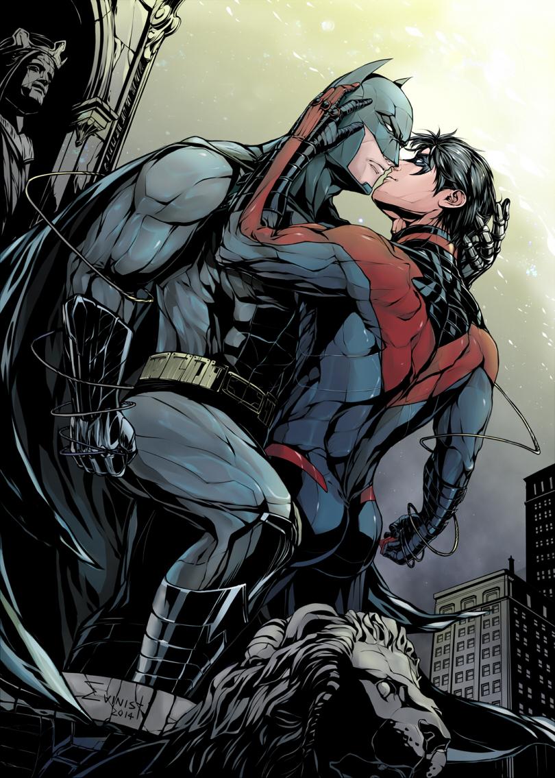 2boys artist_name ass bara batman batman_(series) belt black_bodysuit black_cape black_gloves black_hair bodysuit bruce_wayne cape city clenched_hand closed_mouth covered_abs day dc_comics dick_grayson domino_mask evinist eye_contact gloves grey_bodysuit hand_on_another&#039;s_face hand_on_another&#039;s_head incest large_pectorals leg_up looking_at_another male_focus mask multiple_boys muscular muscular_male nightwing outdoors pectorals red_bodysuit short_hair sky statue taut_bodysuit taut_clothes thick_thighs thighs two-tone_bodysuit yaoi