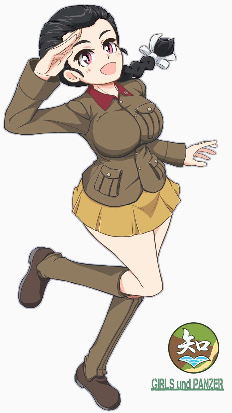 1girl black_hair boots braid braided_ponytail brown_boots brown_jacket chi-hatan_(emblem) chi-hatan_military_uniform commentary emblem enoya-eno full_body girls_und_panzer hair_ribbon highres jacket knee_boots leg_up long_hair long_sleeves looking_at_viewer military military_uniform miniskirt open_mouth pleated_skirt purple_eyes ribbon salute simple_background single_braid skirt smile solo standing standing_on_one_leg tamada_tamaki white_background white_ribbon yellow_skirt