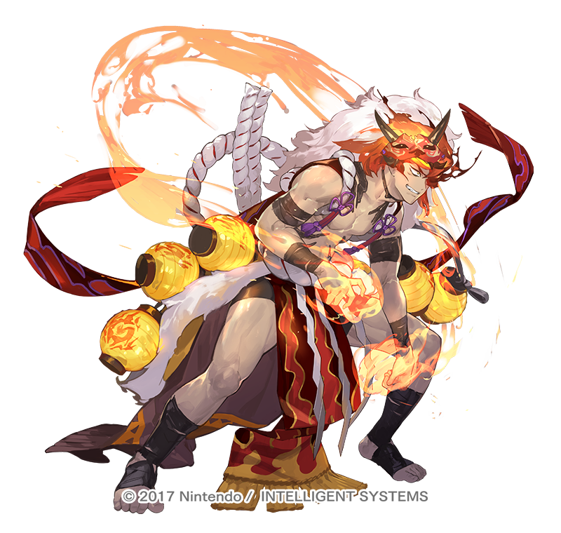1boy abs attack body_markings copyright_notice dark-skinned_male dark_skin dragon_mask fake_hair fire_emblem fire_emblem_heroes flaming_hand grin hair_over_one_eye male_focus muscular muscular_male muspell_(fire_emblem) muspell_(flame)_(fire_emblem) nintendo official_alternate_costume official_art orange_hair pelvic_curtain red_eyes shawl smile so-taro solo sumo toned toned_male white_background