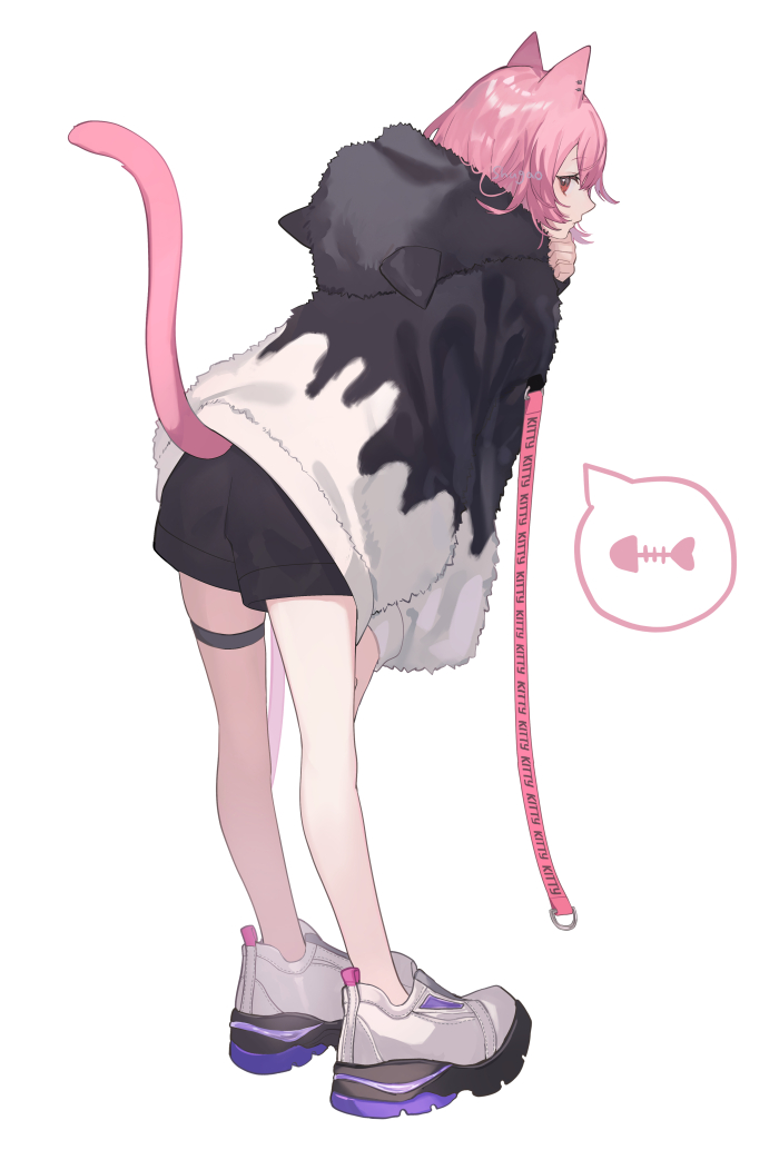 1girl animal_ear_hood animal_ears animal_hood black_shorts cat_ears cat_girl cat_tail commentary fake_animal_ears full_body hood hood_down long_sleeves looking_at_viewer original pink_eyes pink_hair short_hair shorts shugao simple_background symbol-only_commentary tail white_background