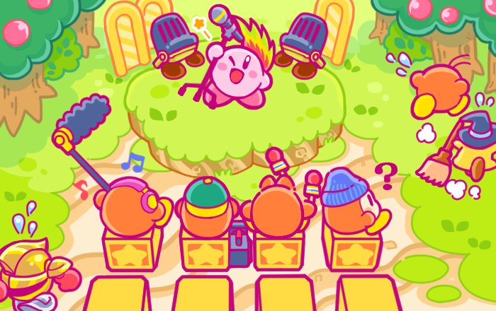 ? backwards_hat baseball_cap beamed_quavers beanie blush_stickers boom_microphone broom broom_hatter fleeing flying_sweatdrops hat kirby kirby_(series) microphone microphone_stand mike_kirby mohawk multicolored_hair musical_note nintendo no_humans official_art one_eye_closed semiquaver sir_kibble star_block tree video_camera waddle_dee waddle_doo walky witch_hat