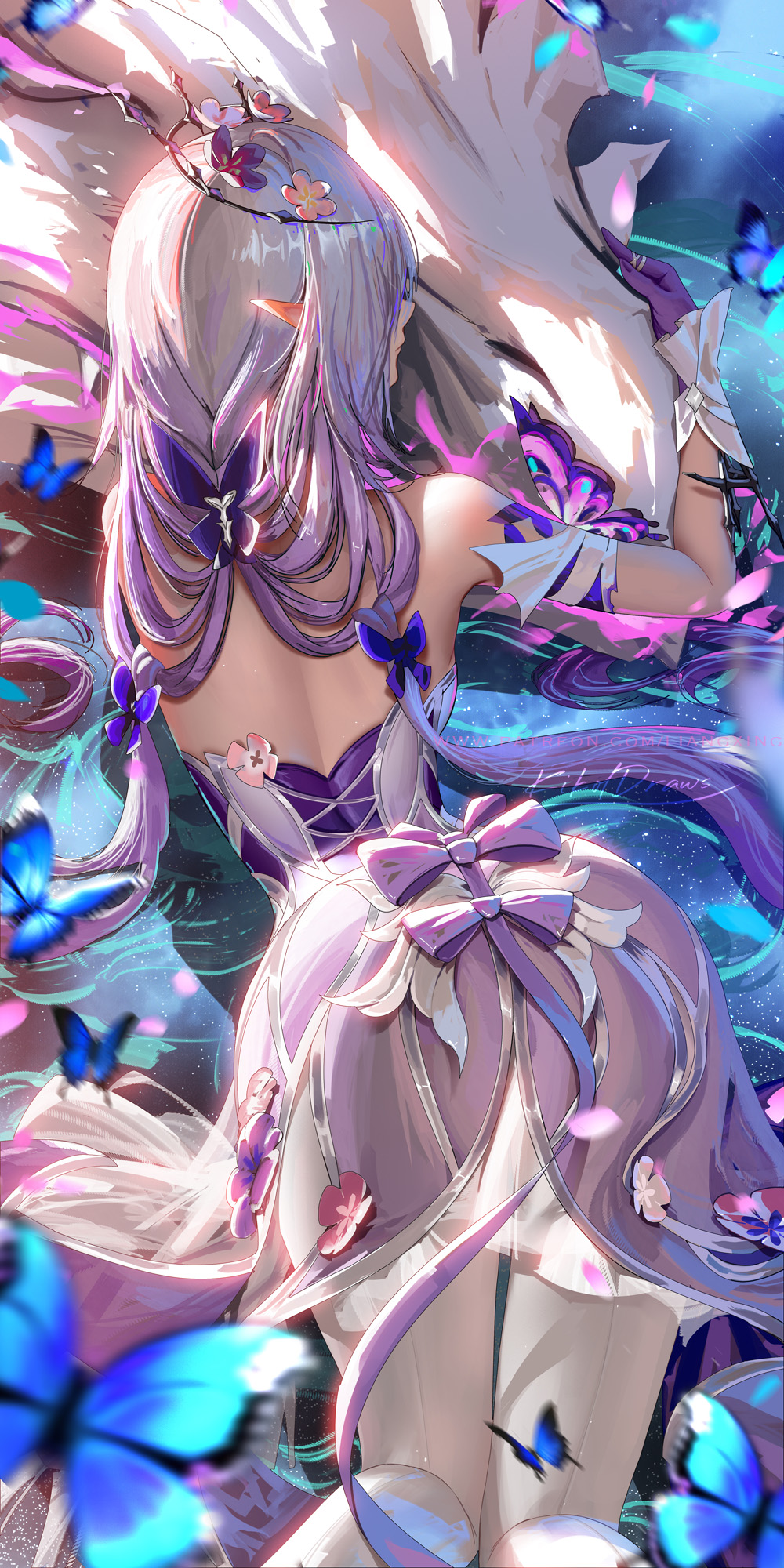 1girl ass bare_shoulders bug butterfly castorice_(honkai:_star_rail) closed_mouth dress feet_out_of_frame from_behind gloves hair_ornament highres honkai:_star_rail honkai_(series) insect liang_xing long_hair lying on_stomach pantyhose pointy_ears purple_dress purple_gloves purple_hair seamed_legwear solo water white_pantyhose