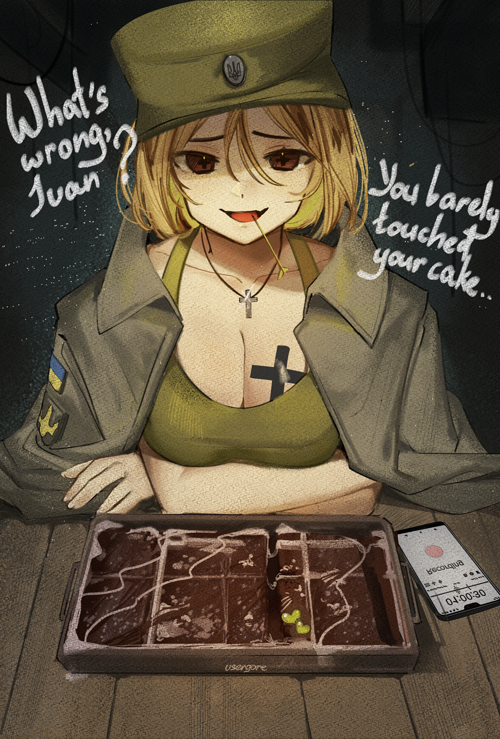 1girl artist_name azov_battalion blonde_hair borrowed_character breasts brown_eyes cake cellphone coat_of_arms commentary cross cross-shaped_pupils cross_necklace crossed_arms english_commentary english_text fang food green_hat green_sports_bra hat highres implied_fellatio jacket jacket_on_shoulders jewelry large_breasts looking_at_viewer marichka military_hat necklace open_mouth original patch phone recording russo-ukrainian_war shoulder_patch skin_fang smartphone smile solo sports_bra symbol-shaped_pupils table tryzub ukrainian_flag usergore wooden_table