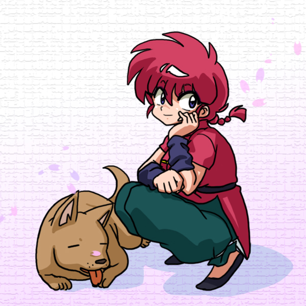 1girl animal chinese_clothes dog hair_between_eyes ranma-chan ranma_1/2 shadow smile tangzhuang tongue tongue_out wanta_(futoshi)