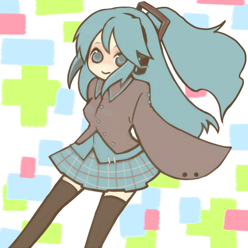 1girl bad_id bad_pixiv_id carpenter female_focus happy hatsune_miku kako_(n0g1_h) patterned ponytail school_uniform solo thighhighs vocaloid