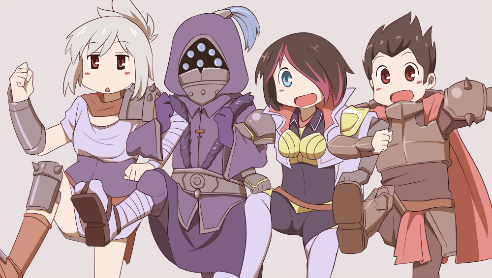 2boys 2girls 604957951 armor blush_stickers boots brown_hair darius_(league_of_legends) fiora_(league_of_legends) gloves hair_over_one_eye half_updo streaked_hair hood jax_(league_of_legends) league_of_legends locked_arms marching mask multicolored_hair multiple_boys multiple_girls nichijou open_mouth parody red_eyes red_hair riven_(league_of_legends) shoulder_spikes silver_hair spikes style_parody triangle_mouth zhainan_s-jun