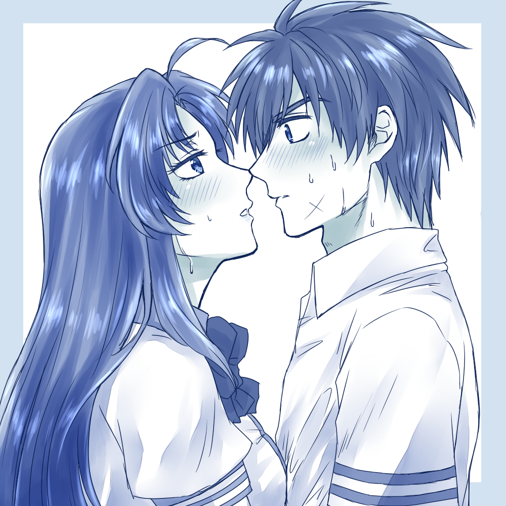 1boy 1girl ahoge blue_theme blush bow bowtie chidori_kaname collared_shirt couple cross_scar face-to-face framed full_metal_panic! hetero imminent_kiss lips long_hair looking_at_another monochrome profile sagara_sousuke scar scar_on_face school_uniform shiki_(the-sleeping-snow-white) shirt short_hair simple_background spiked_hair straight_hair sweat upper_body
