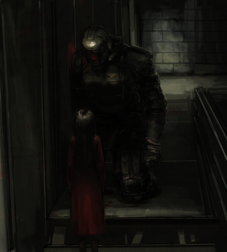 1boy 1girl alma_(f.e.a.r.) black_hair blood dress f.e.a.r. helmet kneeling long_hair red_dress sage_(mami1210) size_difference