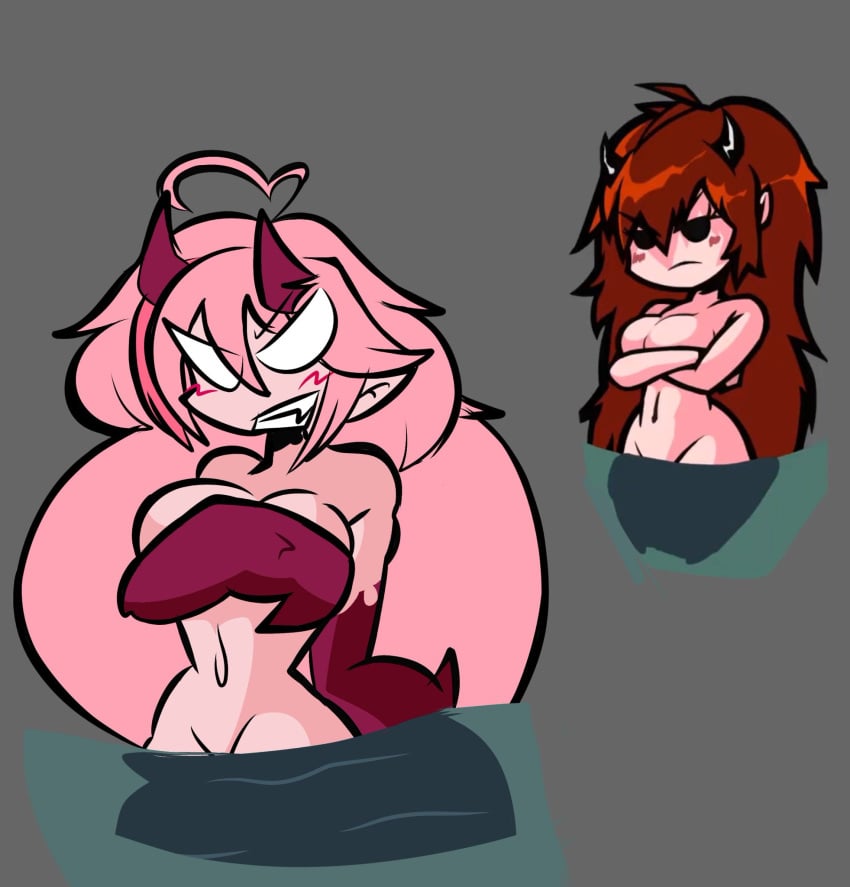 angry breasts brown_hair covering_breasts covering_privates demon_girl demon_horns friday_night_funkin&#039; girlfriend_(friday_night_funkin&#039;) horns long_hair nude pink_hair rayna_(friday_night_funkin&#039;)