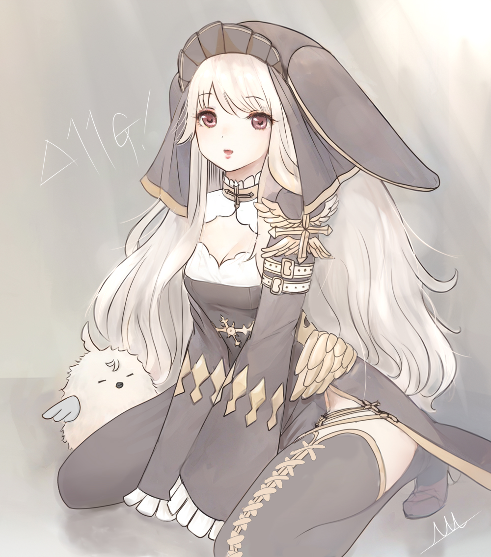 1girl alternate_color arm_belt belt bird black_boots black_dress blonde_hair boots breasts brown_eyes cardinal_(ragnarok_online) cleavage cleavage_cutout clothing_cutout commentary_request cross dress frilled_sleeves frills full_body gold_trim headdress iwin_(ragnarok_online) long_dress long_hair long_sleeves looking_at_viewer medium_breasts open_mouth purupuru_korone ragnarok_online seiza side_slit sitting solo thigh_boots two-tone_dress very_long_hair white_belt white_dress