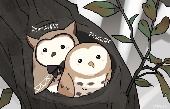 2others animal_focus beak bird blush branch brown_capelet capelet dot_pupils ears_through_headwear forest gyaheung heart hololive hololive_english hooman_(nanashi_mumei) leaf looking_at_viewer multiple_others nature nest owl ribbon tree virtual_youtuber