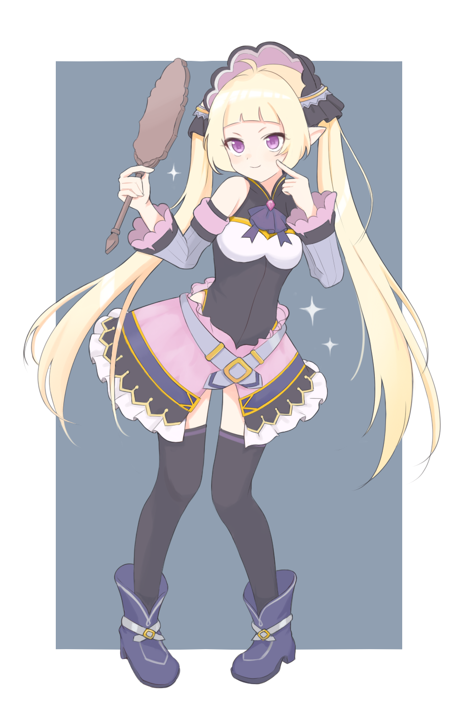 1boy ahoge artist_request bare_hips bare_shoulders belt blonde_hair blue_boots blush boots chest_jewel crossdressing elf finger_on_cheek frilled_skirt frilled_sleeves frills full_body hair_ornament hand_mirror hand_on_own_face hime_cut long_hair looking_at_mirror male_focus mirror pink_skirt pointy_ears princess_connect! purple_eyes skirt smile source_request sparkle thighhighs trap twintails two-tone_background very_long_hair yuki_(princess_connect!) zettai_ryouiki