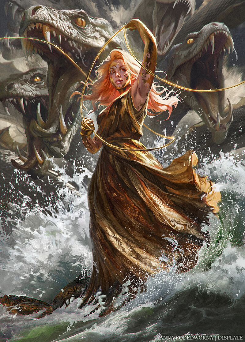 1girl akreon breasts dragon dress fangs giant giant_monster glowing_mouth gold_dress gold_ribbon hydra long_hair looking_at_viewer monster multiple_heads open_mouth original outdoors red_eyes red_hair sharp_teeth sleeveless teeth the_pythian_scales water wyrm