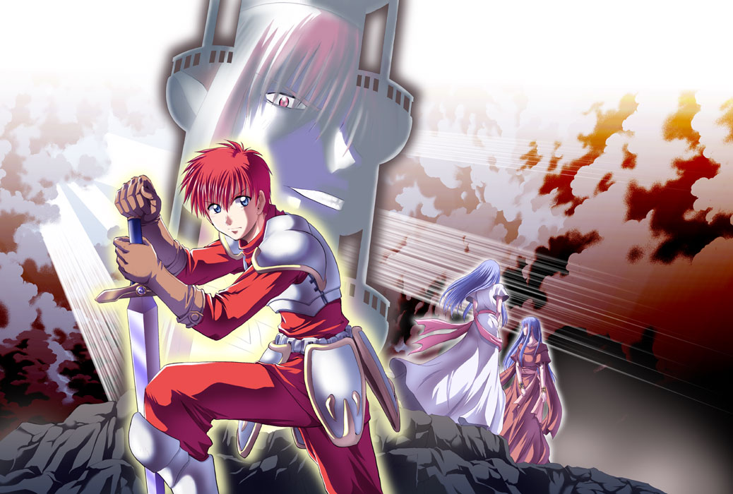 2boys 2girls adol_christin ancient_ys_vanished armor armored_boots belt blue_eyes blue_hair boots brown_gloves captain_morgan_pose closed_mouth dark_fact evil_grin evil_smile feena_(ys) gloves grin holding holding_sword holding_weapon light_rays long_hair looking_at_viewer multiple_boys multiple_girls outdoors pants reah_(ys) red_hair red_pants red_shirt shirt short_hair smile sunbeam sunlight sword tower weapon xiacheng_tatsuya ys