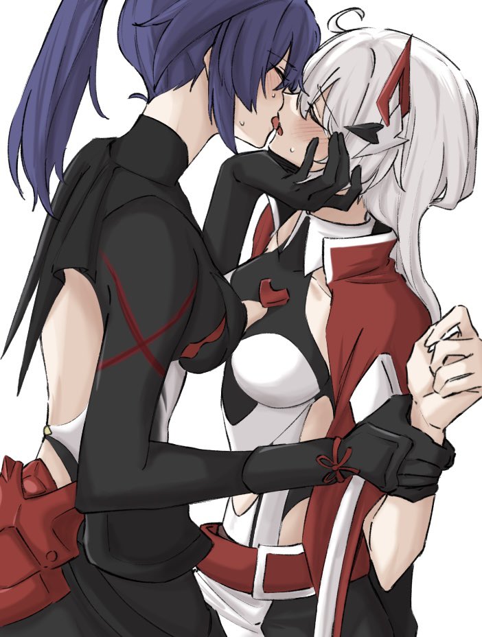 2girls ahoge backless_outfit blush closed_eyes commentary french_kiss hand_on_another&#039;s_face holding_another&#039;s_wrist honkai_(series) honkai_impact_3rd jacket kiana_kaslana kiana_kaslana_(void_drifter) kiss long_hair multiple_girls ponytail purple_hair raiden_mei raiden_mei_(danzai_spectramancer) raiden_mei_(orochi_cuirass) red_jacket simple_background sweat syonosuke9573 turtleneck white_background white_hair yuri