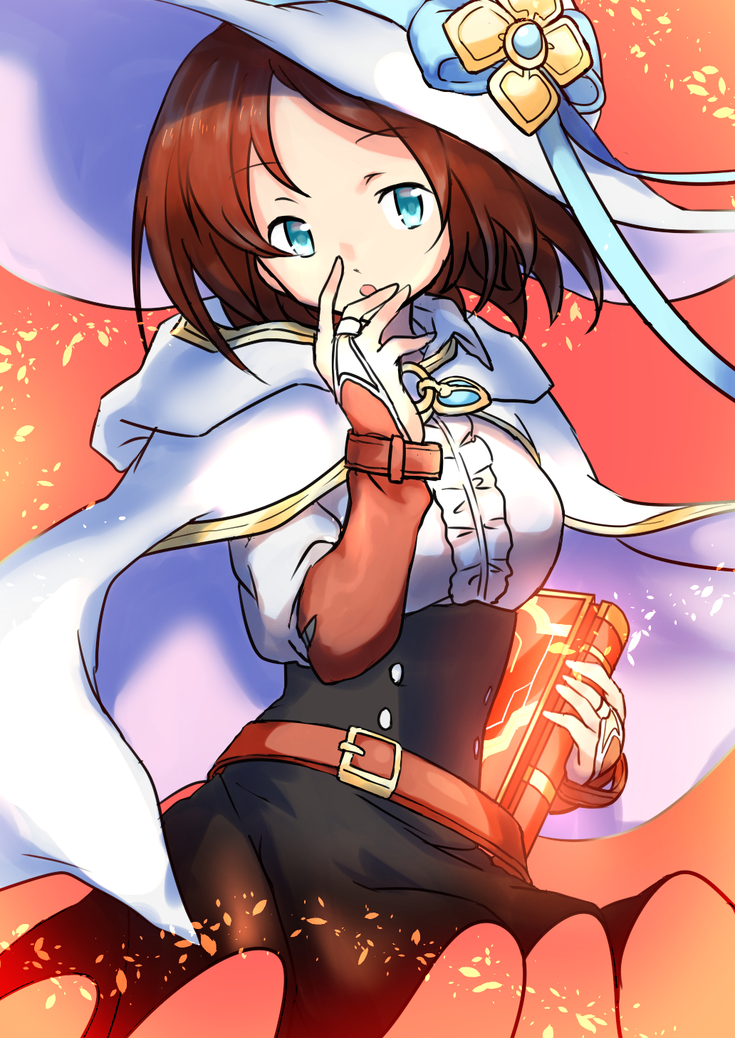 1girl aqua_eyes belt black_skirt book breasts bridal_gauntlets brown_hair cape cowboy_shot hat high-waist_skirt highres holding holding_book medium_breasts medium_hair nemesia_(radiant_historia) orange_background pink_background radiant_historia shirt skirt solo underbust user_jakv3352 white_cape white_shirt witch_hat