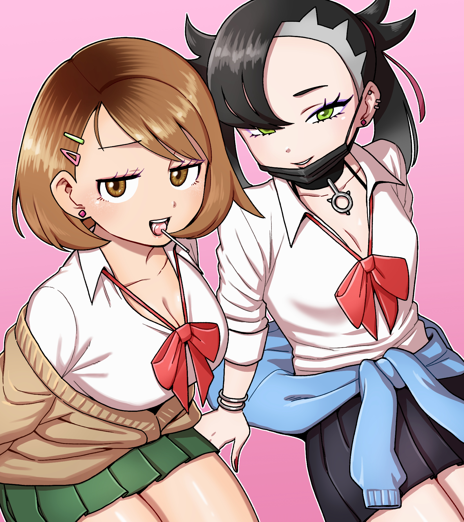 2girls asymmetrical_bangs black_choker black_hair black_skirt bracelet breasts brown_eyes brown_hair choker cleavage gloria_(pokemon) green_eyes green_skirt grin gyaru highres jewelry large_breasts lollipop_in_mouth looking_at_viewer marnie_(pokemon) mask mask_pull miniskirt mouth_mask multiple_girls nail_polish nintendo nutkingcall pokemon pokemon_swsh school_uniform serafuku shirt short_hair sitting skirt small_breasts smile twintails white_shirt