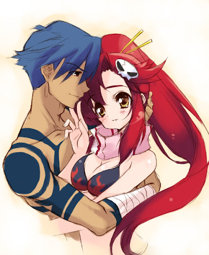 00s 1boy 1girl bikini bikini_top_only blue_hair breasts cleavage couple hair_ornament hetero kamina_(ttgl) long_hair pandaki_(aki) ponytail red_hair scarf topless_male swimsuit tattoo tengen_toppa_gurren_lagann yellow_eyes yoko_littner