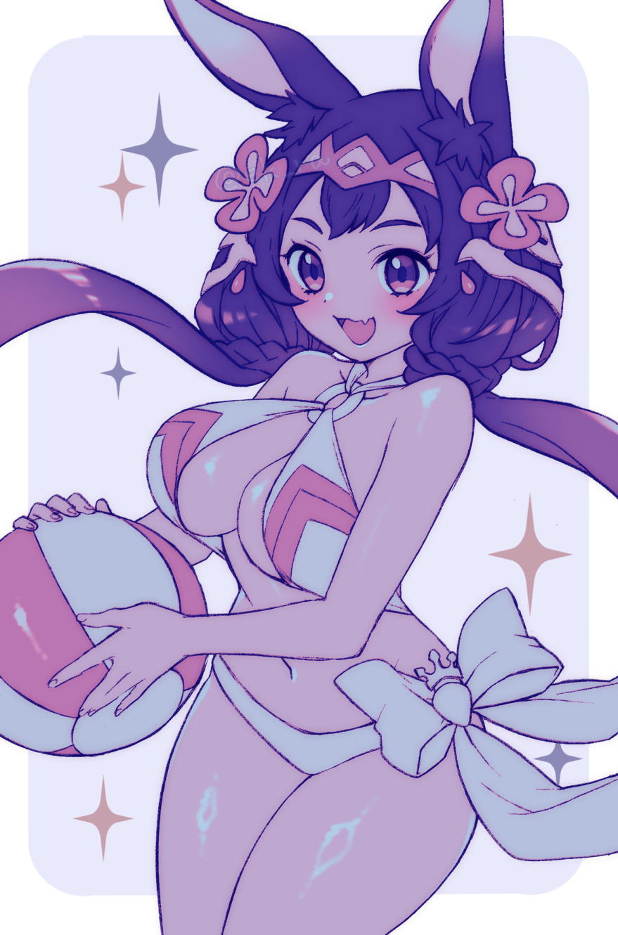 1girl :d alternate_costume animal_ear_fluff animal_ears ball bare_shoulders beachball bikini breasts cowboy_shot dragalia_lost ekra fang highres holding holding_ball holding_beachball laranoa large_breasts looking_at_viewer navel o-ring o-ring_top open_mouth rabbit_ears skin_fang smile solo swimsuit twintails