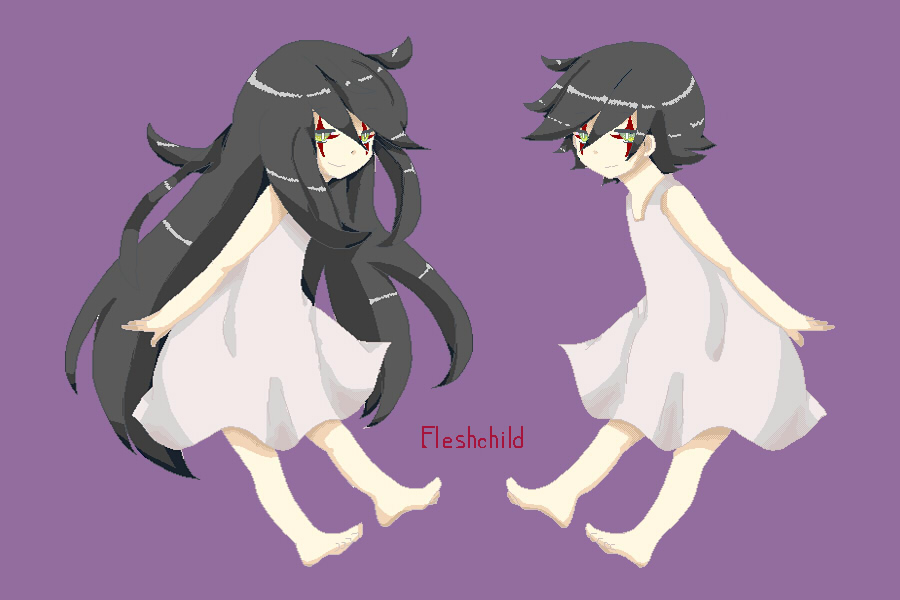1boy 1girl bad_id bad_pixiv_id barefoot black_hair copyright_name dress fleshchild full_body green_eyes long_hair smile tattoo to_(pixid1127) very_long_hair vice_(fleshchild) visi_(fleshchild) white_dress