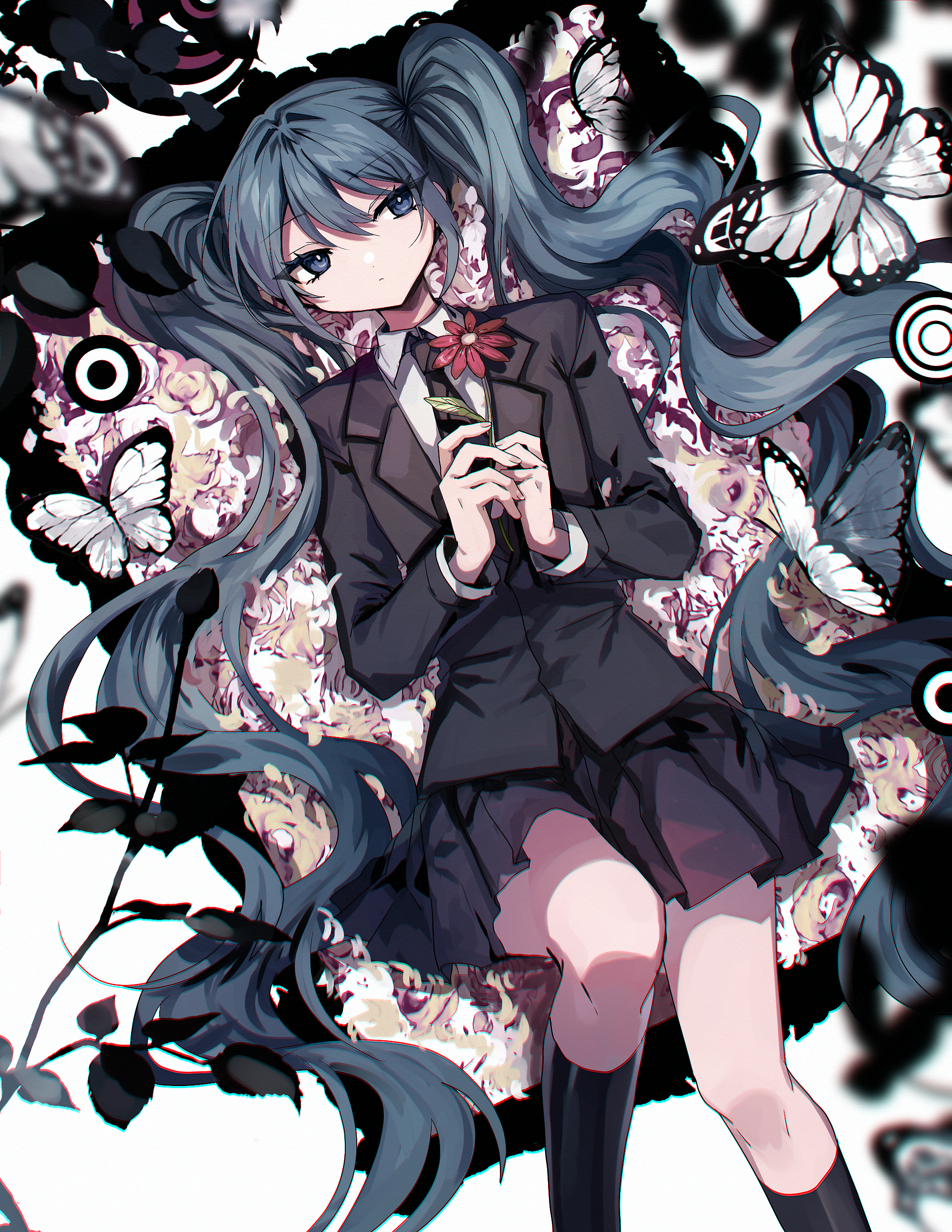 1girl absurdres aqua_eyes aqua_hair black_jacket black_necktie black_skirt black_socks blue_eyes bug butterfly commentary danjou_sora dress_shirt feet_out_of_frame floral_background flower formal_clothes hair_between_eyes hair_intakes hatsune_miku hatsune_miku_(saihate) highres holding holding_flower insect jacket long_hair looking_at_viewer lying necktie on_back picture_frame saihate_(vocaloid) shirt skirt socks solo twintails very_long_hair vocaloid white_background white_shirt