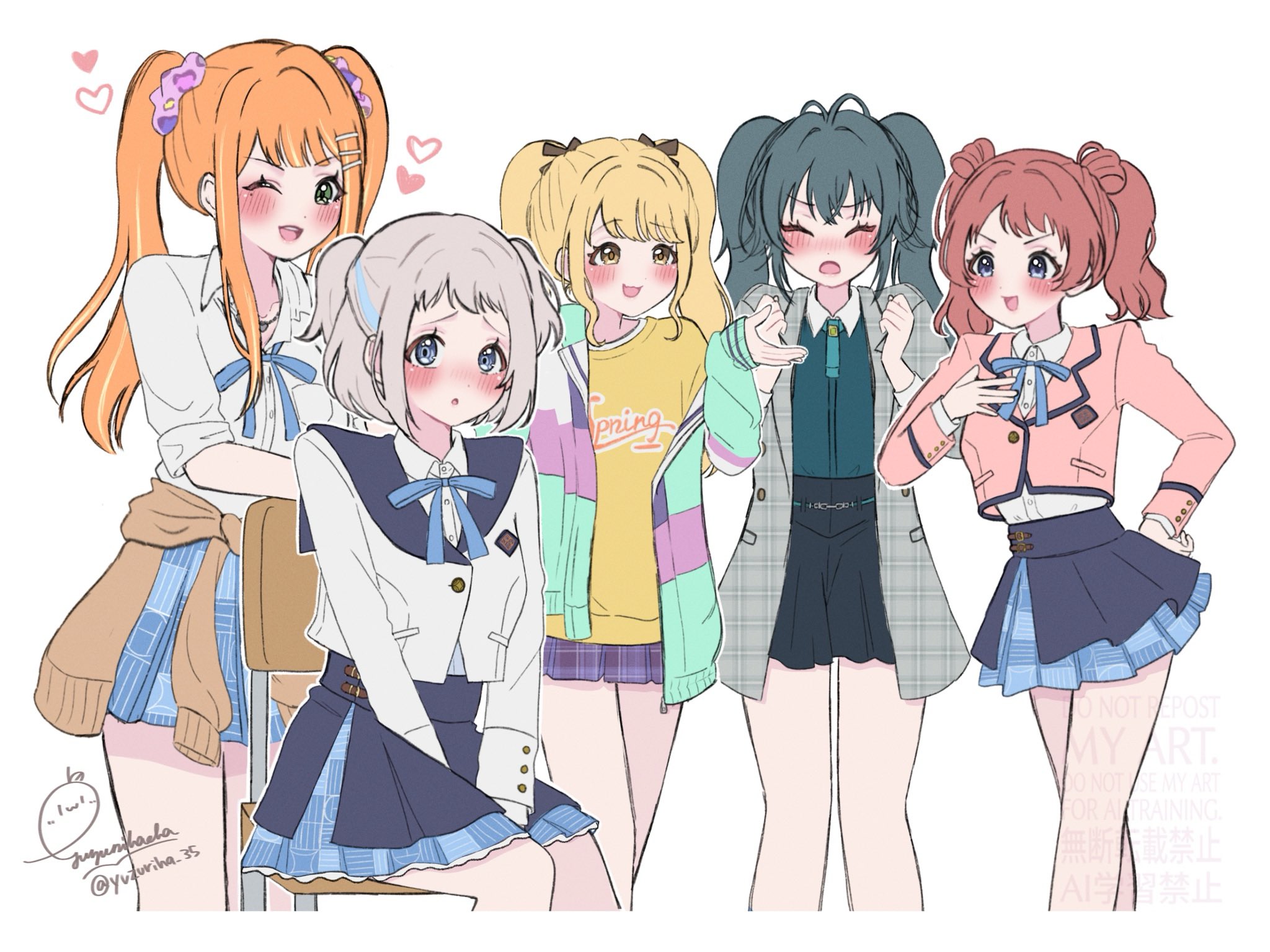 5girls ;d alternate_hairstyle antenna_hair arms_between_legs bare_legs blonde_hair blue_overskirt blue_ribbon blue_skirt blush brown_cardigan brown_hair brown_jacket cardigan cardigan_around_waist clenched_hands clothes_around_waist coat commentary_request cropped_legs fujita_kotone gakuen_idolmaster green_hair grey_coat grey_hair gyaru hair_ornament hair_scrunchie hanami_saki hatsuboshi_gakuen_school_uniform heart highres idolmaster jacket katsuragi_lilja kogal long_hair matching_hairstyle mole mole_under_eye multicolored_jacket multiple_girls neck_ribbon nose_blush one_eye_closed open_mouth orange_hair pleated_skirt ribbon school_uniform scrunchie shirt shiun_sumika short_hair signature simple_background sitting skirt smile standing tsukimura_temari twintails twitter_username two_side_up watermark white_background white_jacket white_shirt yuzuriha_35