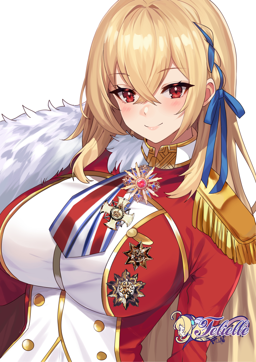 1girl artist_name azur_lane blonde_hair blue_ribbon braid breasts buttons commentary double-breasted english_commentary epaulettes felielle hair_between_eyes hair_ribbon highres jacket king_george_v_(azur_lane) large_breasts long_hair long_sleeves looking_at_viewer medal red_eyes red_jacket ribbon ribbon_braid side_braid simple_background single_braid smile solo upper_body white_background