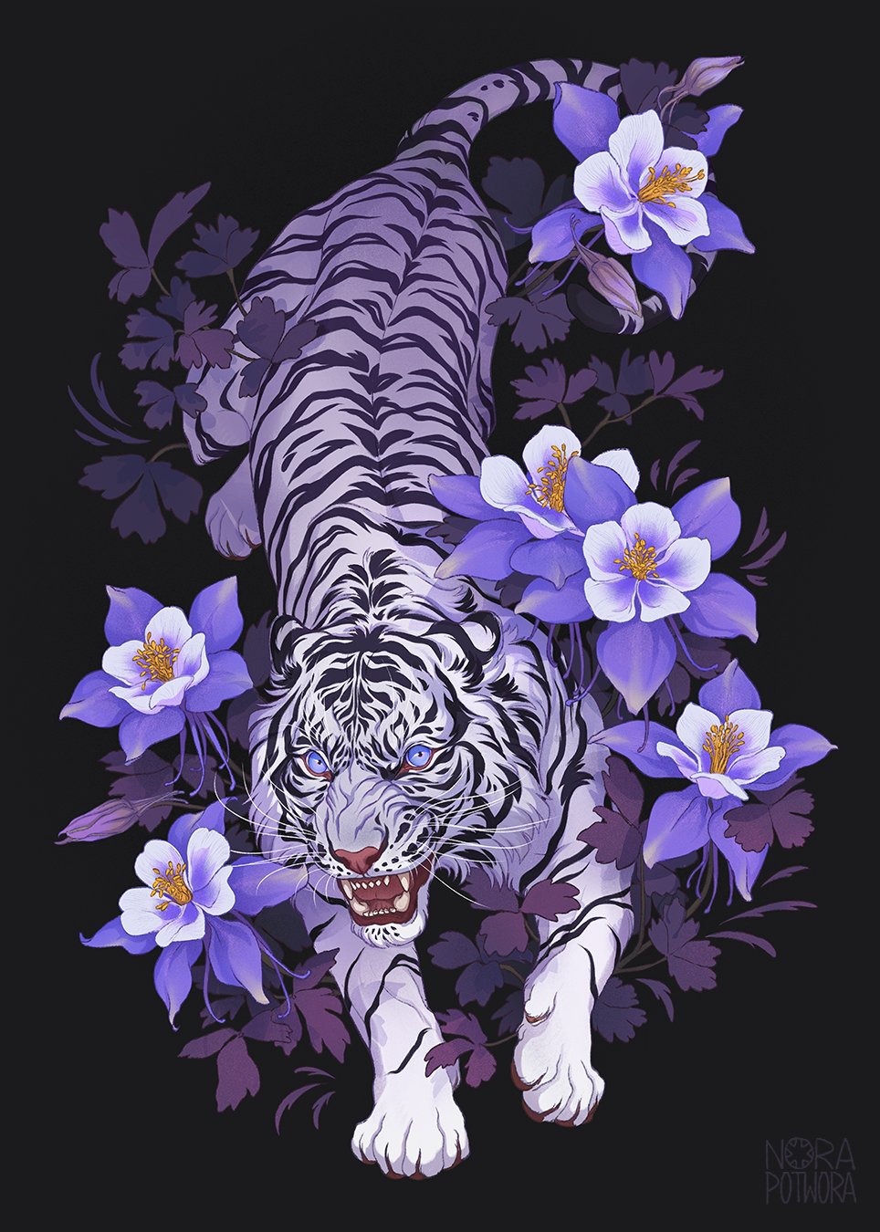 animal artist_name black_background flower highres looking_at_viewer no_humans norapotwora open_mouth original purple_eyes purple_flower tiger watermark white_tiger