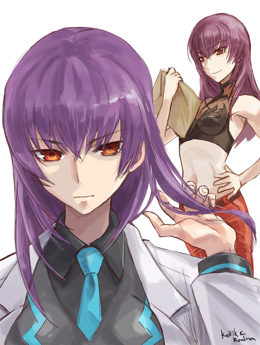 2girls black_shirt blue_necktie collared_shirt crop_top dual_persona envelope expressionless grey_jacket hand_in_own_hair hand_on_own_hip highres holding holding_envelope jacket jun_(rellik_&amp;_redrum) kouzuki_yuuko looking_down medium_hair midriff military military_uniform multiple_girls muv-luv muv-luv_alternative muv-luv_alternative_(anime) navel necktie orange_eyes purple_hair shirt smile white_background