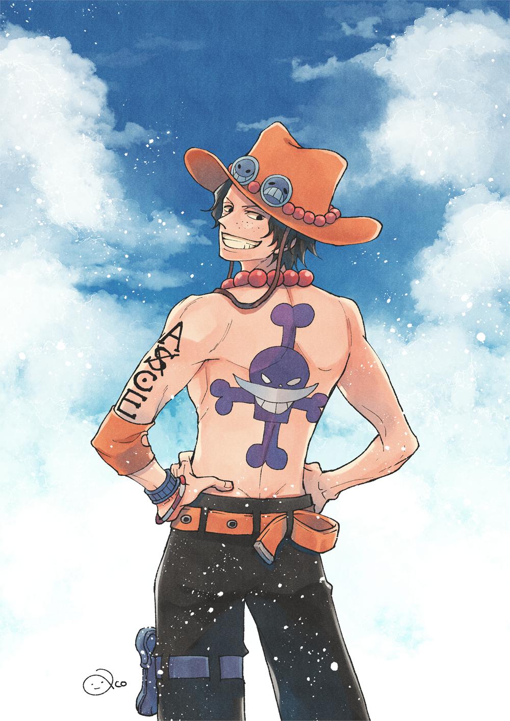 1boy aco_peda arm_tattoo back_tattoo belt black_hair black_shorts bracelet cloud commentary_request elbow_pads freckles hands_on_own_hips hat highres jewelry jolly_roger looking_back male_focus necklace one_piece orange_belt orange_hat pearl_necklace portgas_d._ace pouch short_hair shorts signature single_elbow_pad sky smile solo tattoo thigh_pouch topless_male whitebeard_pirates_jolly_roger