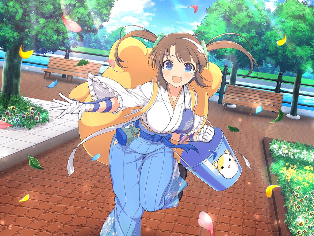 1girl :d animal_bag armor backpack bag belt_pouch bench blue_bow blue_eyes blue_hakama blue_sky blunt_bangs blush boots bow breasts brown_hair bucket cloud day emblem falling_leaves falling_petals fang floral_print flower frilled_kimono frills garden gessen_academy_school_uniform gloves grass grey_boots hair_ornament hairband hakama hamster hamster_print hip_vent japanese_armor japanese_clothes kimono kote large_breasts leaf light_particles looking_at_viewer minori_(senran_kagura) muneate official_alternate_costume official_art open_mouth outdoors pansy park park_bench petals plant pouch railing ring_hair_ornament river running running_towards_viewer school_emblem senran_kagura senran_kagura_new_link senran_kagura_shinovi_versus short_hair sidelocks sky smile solo sunlight tile_floor tiles tongue tree twintails water white_flower white_gloves white_hairband yaegashi_nan yellow_flower