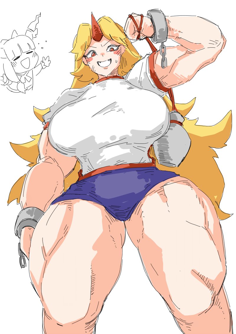 2girls bamman big_hair blonde_hair breasts cuffs flexing horns hoshiguma_yuugi huge_breasts ibuki_suika long_hair looking_at_viewer multiple_girls muscular muscular_arms muscular_female muscular_legs oni purple_shorts red_eyes shackles shirt shorts single_horn solo standing thick_thighs thighs touhou white_shirt