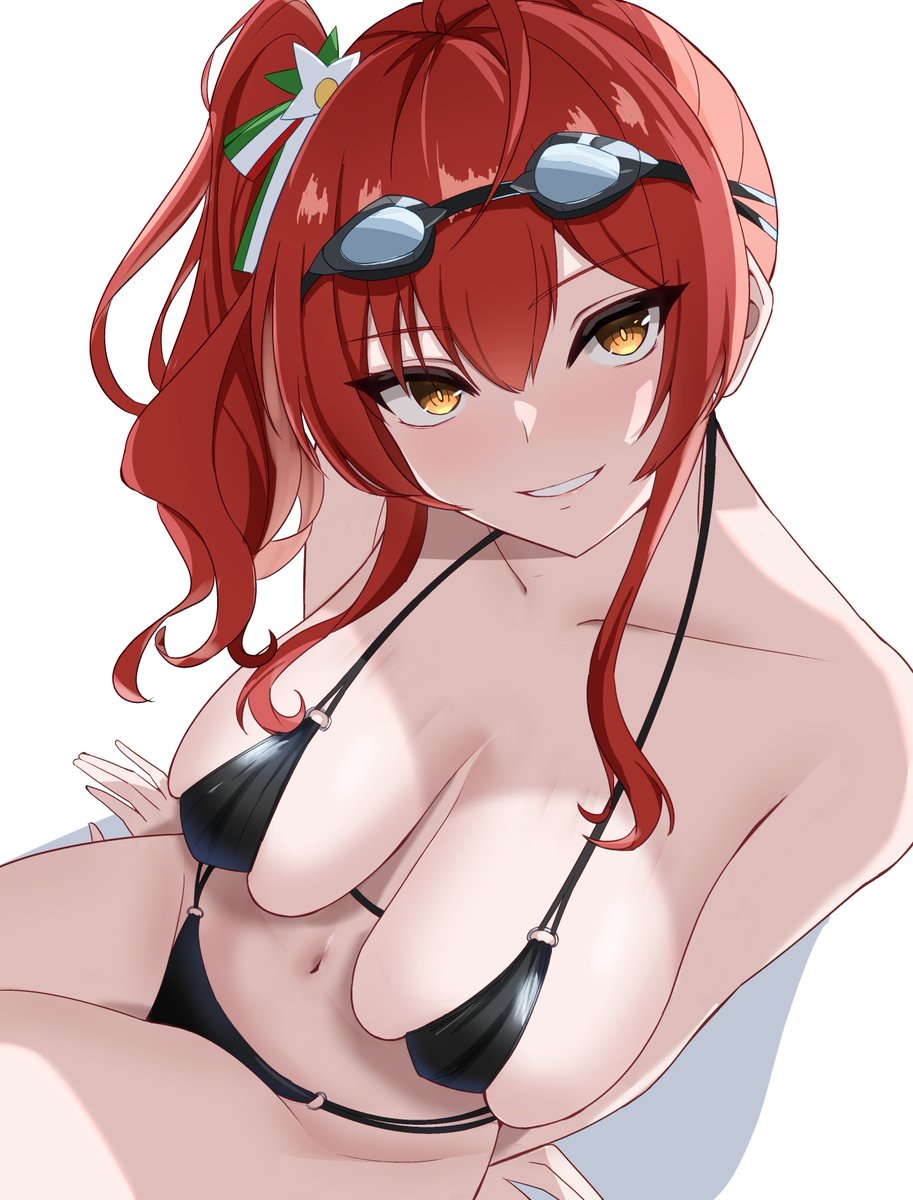 arm_support azur_lane bikini black_bikini blush breasts cleavage goggles goggles_on_head hair_ornament halterneck highres joo0nnvrppoxqeo large_breasts looking_at_viewer o-ring o-ring_bikini red_hair side_ponytail skindentation smile swimsuit yellow_eyes zara_(azur_lane) zara_(poolside_coincidence)_(azur_lane)
