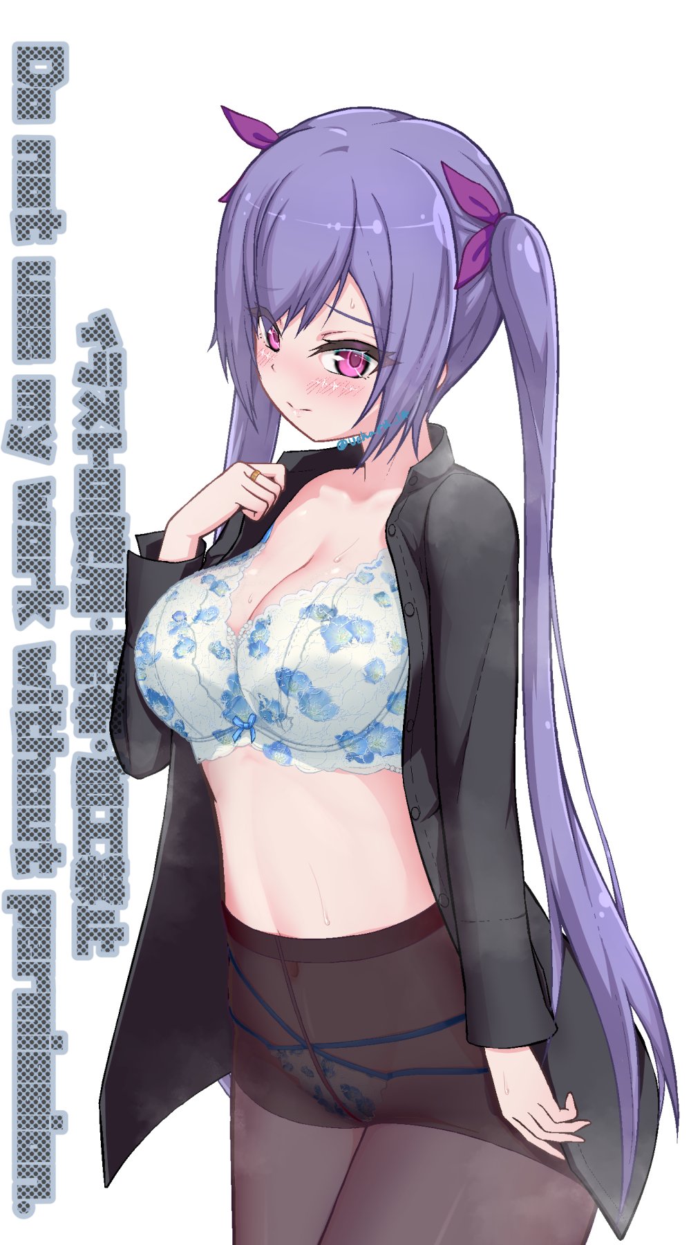 1girl arm_at_side assault_lily black_shirt blue_bow blush bow bow_bra bra breasts brown_pantyhose buttons cleavage closed_mouth collarbone collared_shirt commentary_request covered_navel cowboy_shot crotch_seam hair_ribbon hand_up herensuge_girls_academy_school_uniform highres jewelry large_breasts long_hair long_sleeves looking_at_viewer matsumura_fuuka multi-strapped_panties no_pants nose_blush open_clothes open_shirt panties panties_under_pantyhose pantyhose pink_eyes pink_ribbon print_bra print_panties purple_hair raised_eyebrows ribbon ring school_uniform shirt simple_background solo standing steaming_body stomach sweat twintails ueharu underwear very_long_hair watermark white_background white_bra white_panties