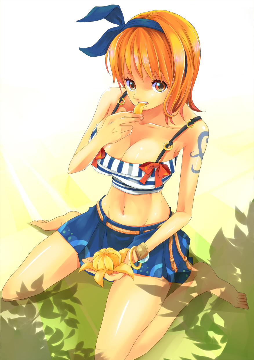 1girl bangle barefoot bracelet breasts cleavage eating female_focus food fruit highres himerinco jewelry log_pose mandarin_orange matching_hair/eyes midriff nami_(one_piece) navel one_piece orange_(fruit) orange_eyes orange_hair sitting skirt solo tattoo tree_shade wariza