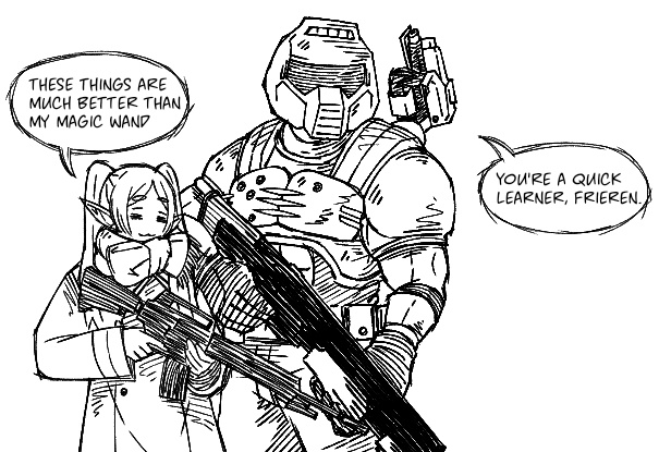 1boy 1girl armor assault_rifle basedlida coat commentary doom_(series) doom_eternal doomguy english_commentary english_text frieren greyscale gun helmet m16 monochrome rifle scarf shotgun shoulder_cannon simple_background sousou_no_frieren trigger_discipline twintails weapon