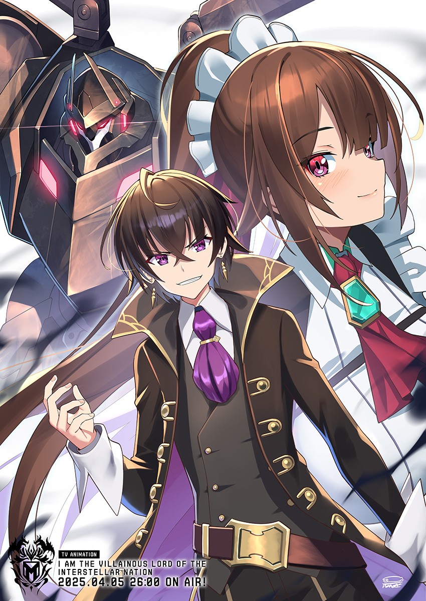 1boy 1girl amagi_(oreaku) black_coat black_hair black_vest blush brown_hair coat cowboy_shot earrings glowing glowing_eyes high_ponytail highres jewelry liam_sera_banfield long_hair maid mecha official_art ore_wa_seikan_kokka_no_akutoku_ryoushu! ponytail purple_eyes red_eyes release_celebration release_date robot short_hair takamine_nadare vest