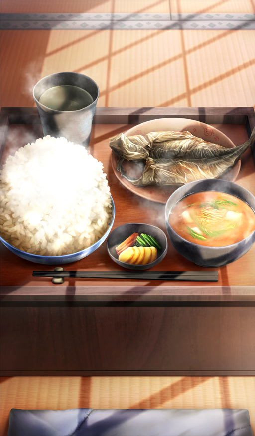bowl chocolate_river_no_sono_saki_ni chopsticks commentary_request cup drink fate/grand_order fate_(series) food food_focus food_request masaki_(star8moon) no_humans official_art plate rice soup steam still_life tatami third-party_source tray vegetable yunomi