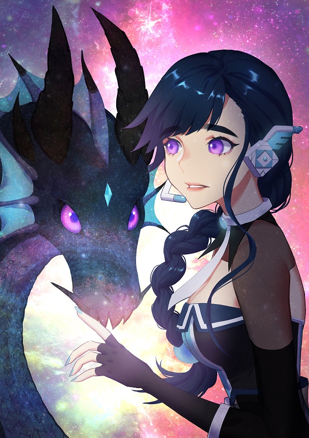 alys black_gloves blue_hair braid breasts cleavage dragon dragon_horns gloves horns large_breasts official_art purple_eyes saphirya voxwave