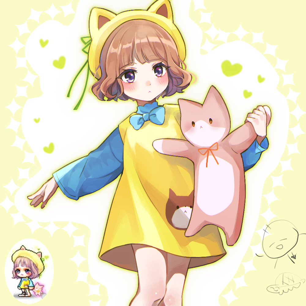 1girl :&lt; animal_ears animal_hat beret blue_bow blue_bowtie blush bow bowtie brown_hair cat_ears cat_hat character_request chibi closed_mouth dress fake_animal_ears feet_out_of_frame green_outline green_ribbon hat heart holding holding_stuffed_toy leafwow long_sleeves maplestory outline puffy_long_sleeves puffy_sleeves purple_eyes reference_inset ribbon stuffed_animal stuffed_cat stuffed_toy yellow_dress yellow_hat