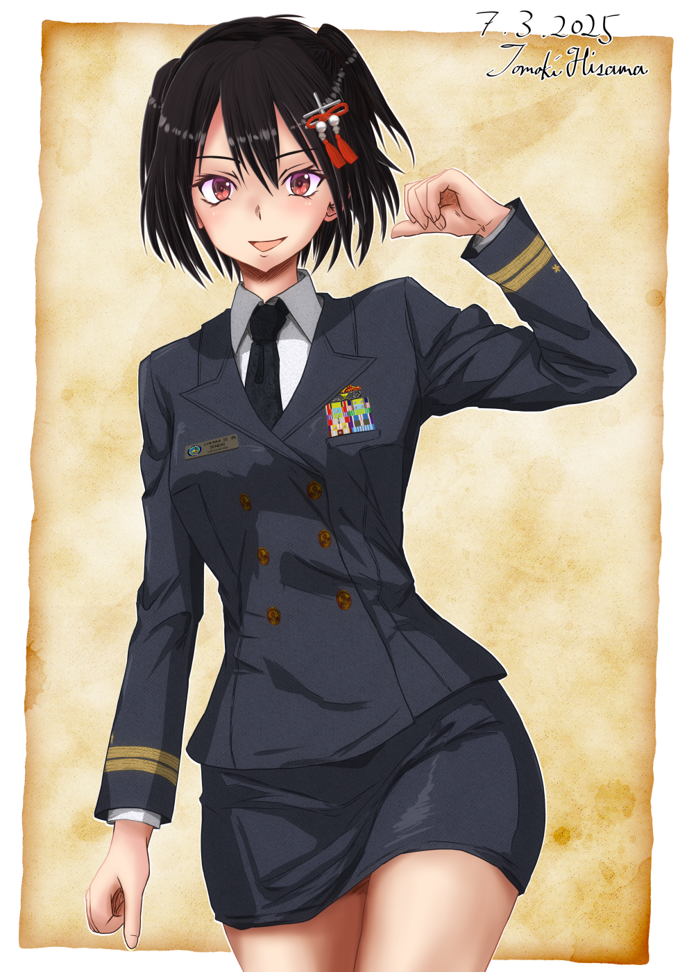 1girl alternate_costume black_hair black_jacket black_necktie black_skirt breasts brown_eyes buttons collared_shirt commentary double-breasted hair_between_eyes hair_ornament highres hisamatomoki jacket kantai_collection long_sleeves looking_at_viewer medium_breasts military_dress_uniform military_rank_insignia military_uniform miniskirt naval_dress_uniform naval_uniform necktie ribbon_bar sendai_(kancolle) sendai_kai_ni_(kancolle) shirt short_hair skirt solo two_side_up white_shirt