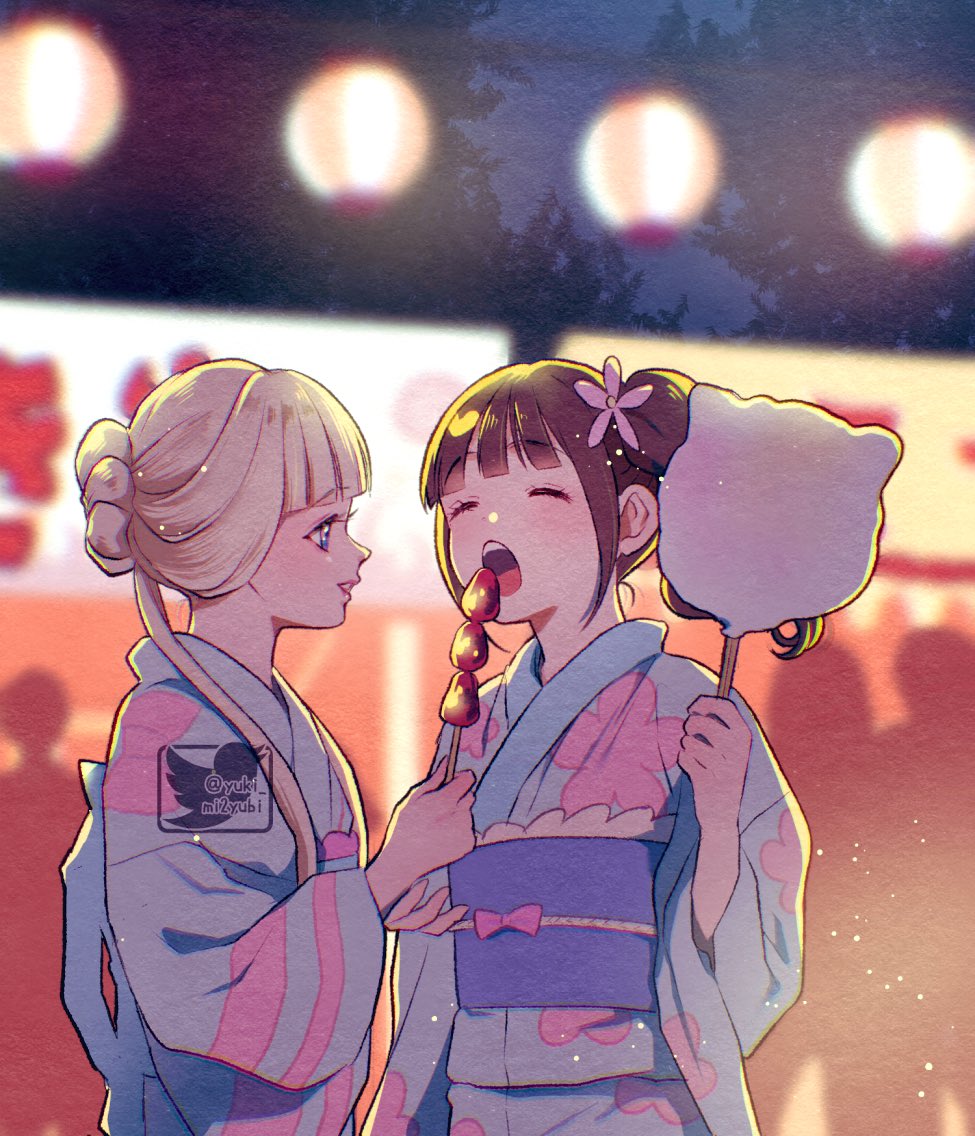 2girls alternate_hairstyle blonde_hair blue_eyes brown_hair closed_eyes eating feeding flower hair_flower hair_ornament japanese_clothes kimono long_hair looking_at_another multiple_girls nekoyashiki_mayu nekoyashiki_yuki night obi open_mouth outdoors precure sash side_ponytail smile summer_festival teeth upper_teeth_only wonderful_precure! yakiniku yukata yuki_(yuki3243) yuri